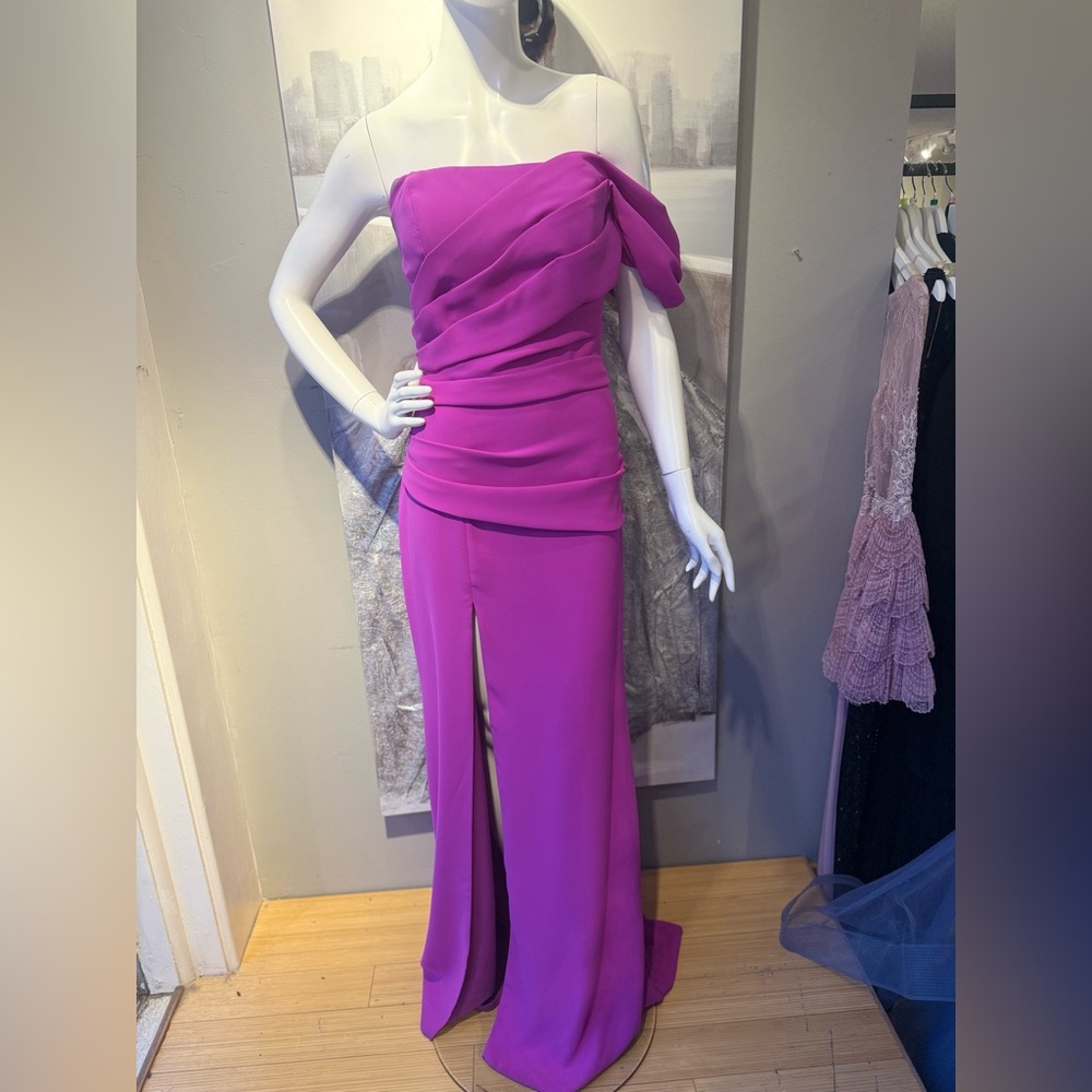 Tarik Ediz One Shoulder Magenta Dress